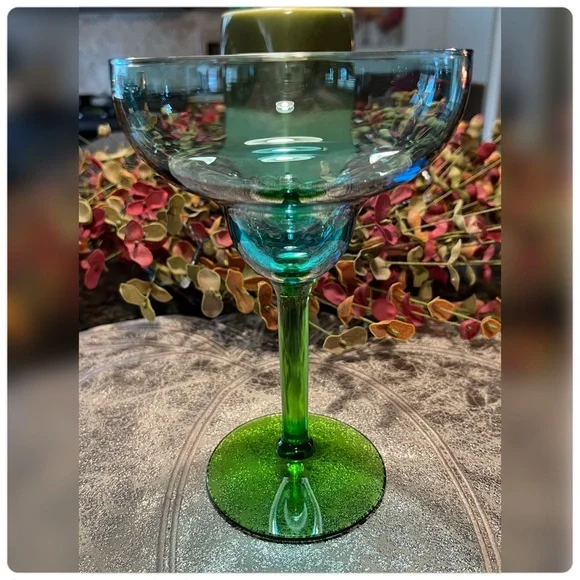 Pair of Hand Blown Blue & Green Margarita Glasses-EUC!!! - Picture 2 of 5